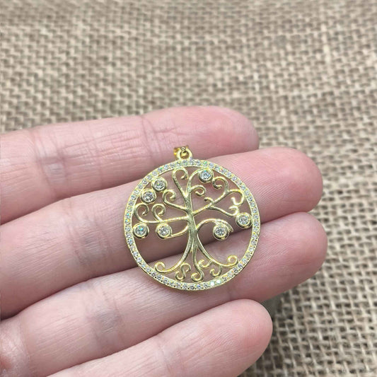 Colgante Árbol de la Vida "Destellos de Crecimiento" - Plata Bañada en Oro y Circonitas Blancas (25mm) - Amuleto de Conexión y Abundancia