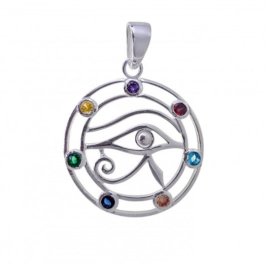 Colgante Ojo de Horus y Chakras en Plata de Ley 925 con Circonitas de Colores (27.5 mm)