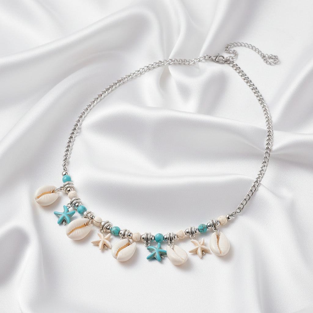 Gargantilla de Acero Inoxidable con Conchas y Estrellas de Mar - Collar Playero de 45cm para Regalo de Verano