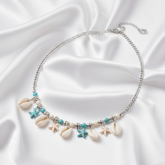 Gargantilla de Acero Inoxidable con Conchas y Estrellas de Mar - Collar Playero de 45cm para Regalo de Verano