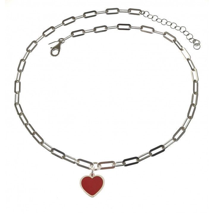 Gargantilla Plata de Ley 925 con Cadena Forzada (4mm) y Dije Corazón Rojo Esmaltado (12mm)