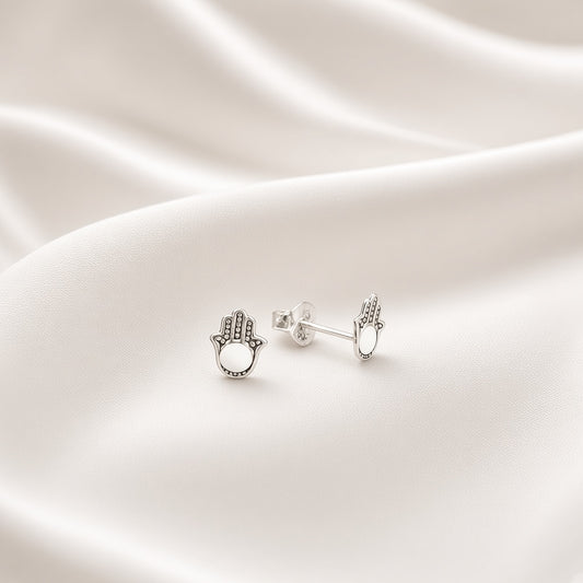 Pendientes Mano de Fátima de Plata de Ley 925 y Esmalte Blanco