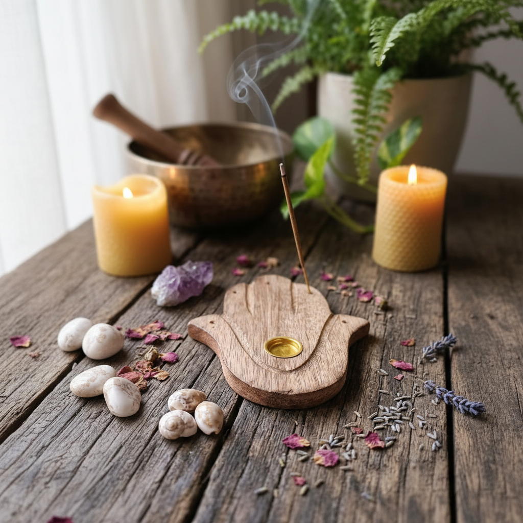 Porta Incienso de Madera Hamsa "Protección Sagrada" – Soporte conos y varillas de 12,5 cm
