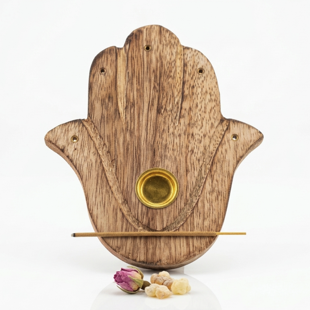 Porta Incienso de Madera Hamsa "Protección Sagrada" – Soporte conos y varillas de 12,5 cm