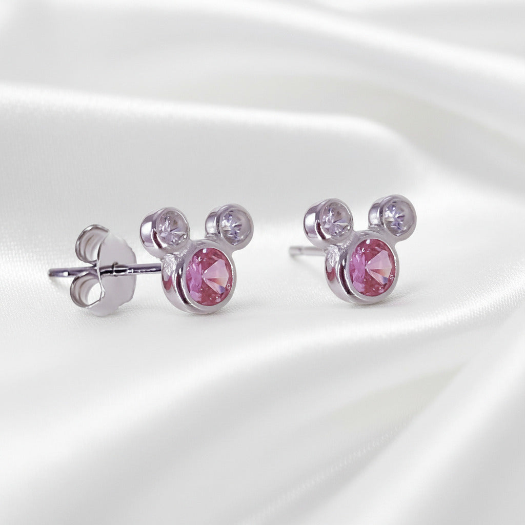 Pendientes Chatón de Silueta de Fantasía en Plata de Ley 925 con Circonitas Rosa y Blanco - Regalo Infantil Atemporal