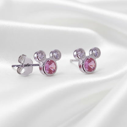 Pendientes Chatón de Silueta de Fantasía en Plata de Ley 925 con Circonitas Rosa y Blanco - Regalo Infantil Atemporal