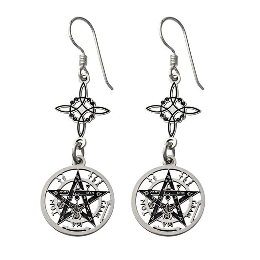 Pendientes Hippie Boho Dúo Protector (Plata 925) - Nudo de Bruja y Tetragramatón - Escudo Mágico de Sabiduría y Defensa
