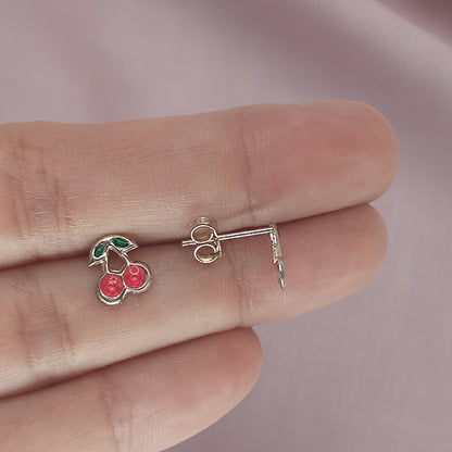 Pendientes Cerezas Dulces - Plata de Ley 925 y Esmalte Rosa - Amuleto de Abundancia y Regalo de Alegría