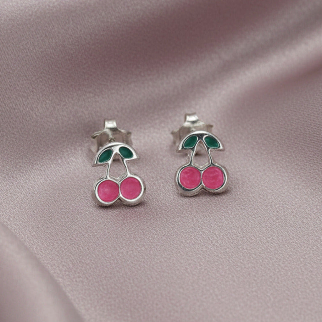 Pendientes Cerezas Dulces - Plata de Ley 925 y Esmalte Rosa - Amuleto de Abundancia y Regalo de Alegría