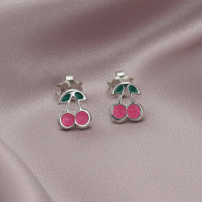 Pendientes Cerezas Dulces - Plata de Ley 925 y Esmalte Rosa - Amuleto de Abundancia y Regalo de Alegría