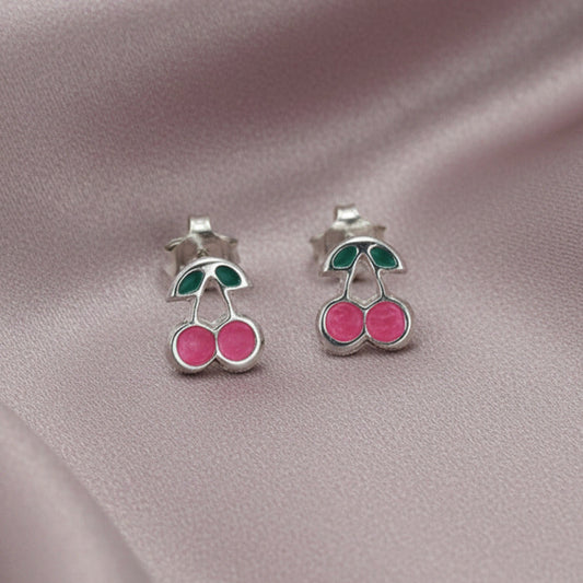Pendientes Cerezas Dulces - Plata de Ley 925 y Esmalte Rosa - Amuleto de Abundancia y Regalo de Alegría
