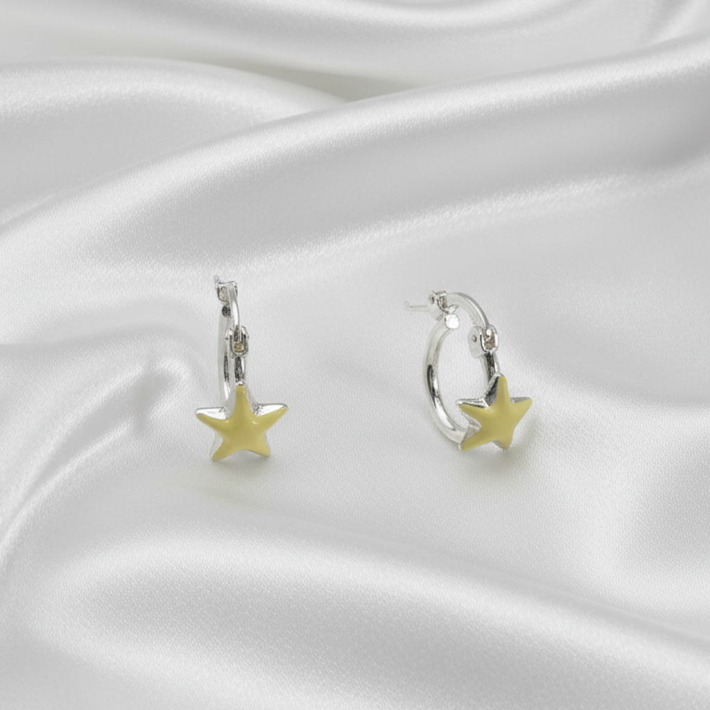Pendientes de Aro con Estrella en Plata de Ley 925 y Esmalte Amarillo - Criollas con Cierre Italiano para Regalo