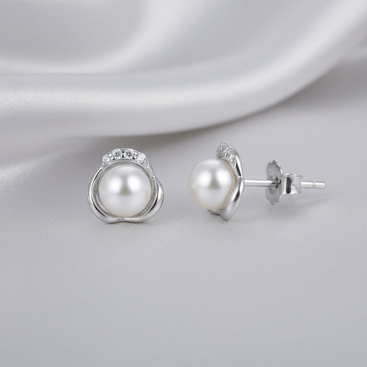 Pendientes de Perla Blanca y Circonitas en Plata de Ley 925