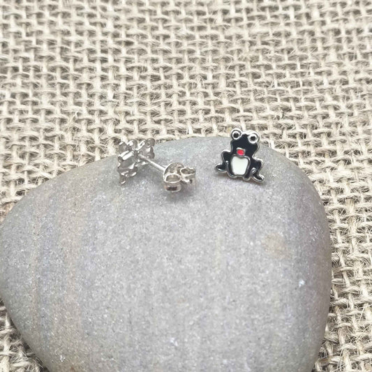 Pendientes "Tótem Ranita de la Suerte" - Plata de Ley 925 y Esmalte Negro - Amuleto de Transformación y Abundancia