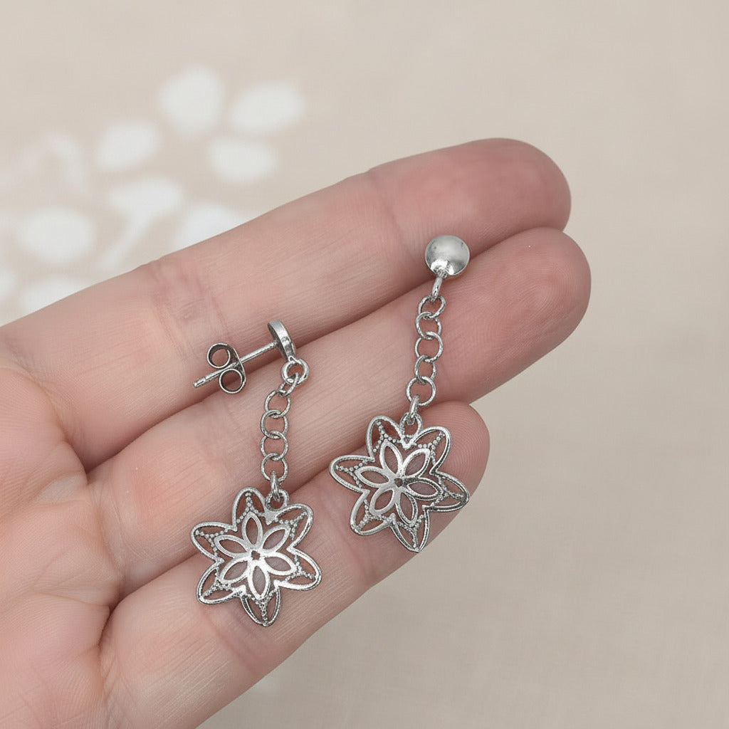 Pendientes Largos de Flor en Plata de Ley 925 - Joyería Fina para Regalo