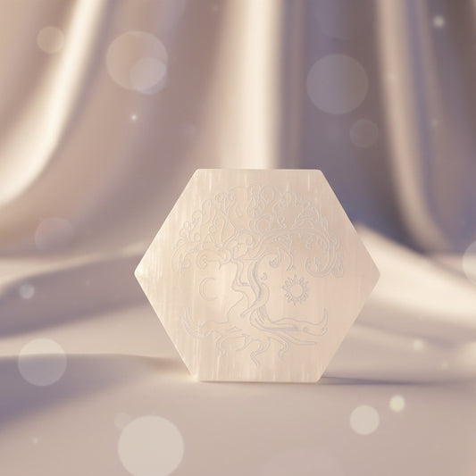 Placa Hexagonal de Selenita Árbol de la Vida – Base de Armonía y Conexión Sagrada