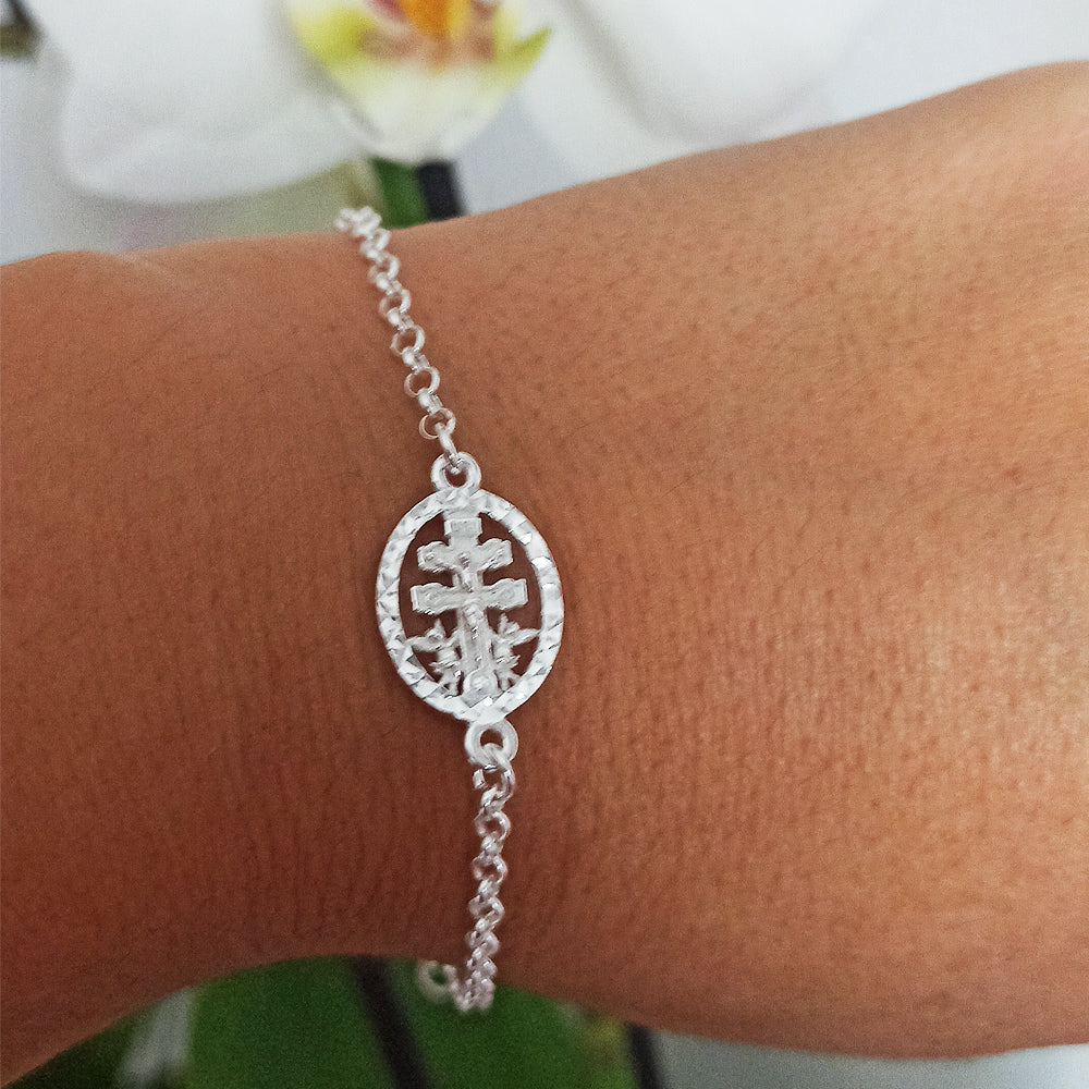 Pulsera Cruz de Caravaca con Cerco Tallado Plata de Ley 925