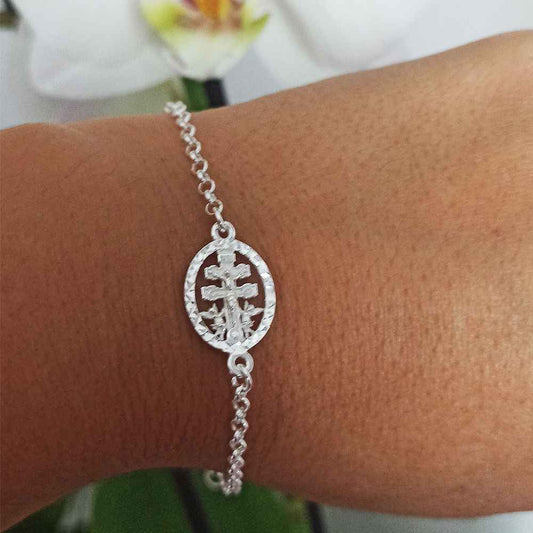 Pulsera Cruz de Caravaca con Cerco Tallado Plata de Ley 925