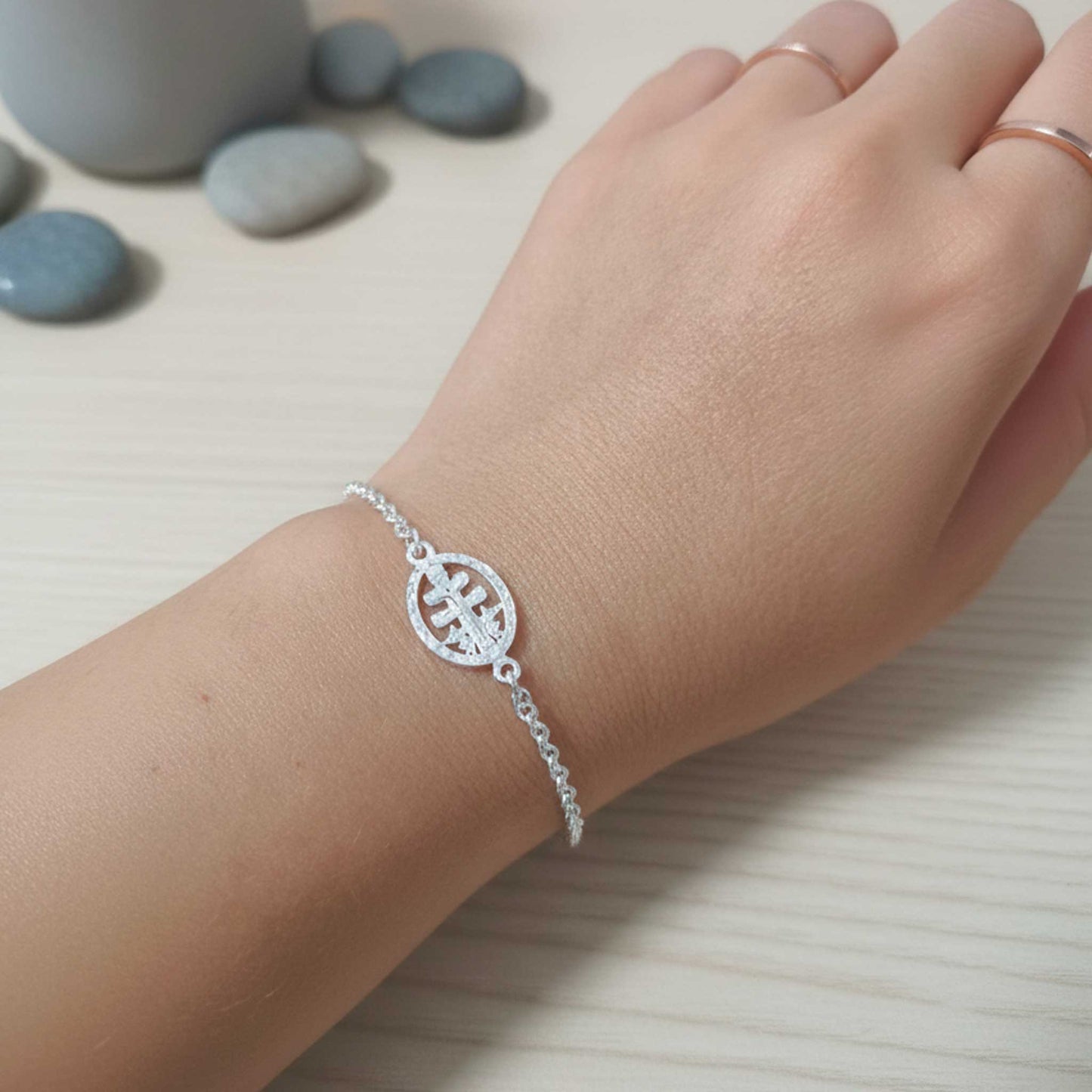 Pulsera Cruz de Caravaca con Cerco Tallado Plata de Ley 925
