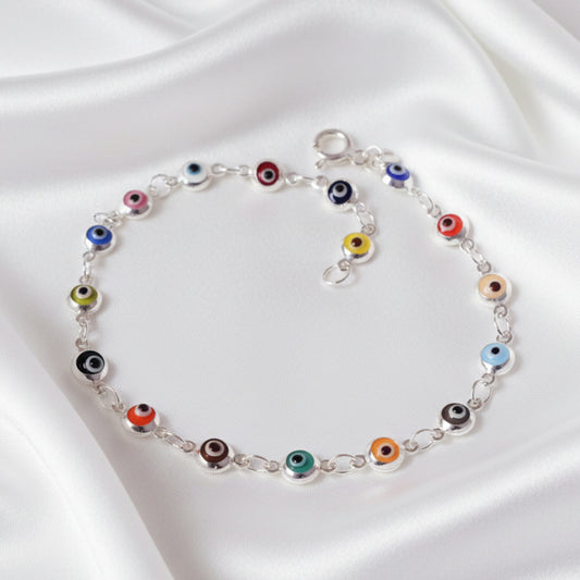 Pulsera Ojo Turco de Plata de Ley 925 con Cuentas de Colores - Amuleto Antiguo de Protección y Regalo Místico