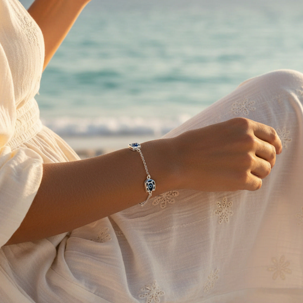 Pulsera de Ojos Turcos en Herraduras de Plata de Ley 925 - Amuleto de la Suerte, Contra el Mal de Ojo y Regalo de Protección Atractiva
