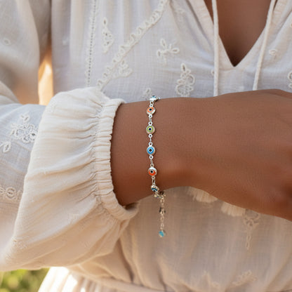 Pulsera Ojo Turco de Plata de Ley 925 con Cuentas de Colores - Amuleto Antiguo de Protección y Regalo Místico