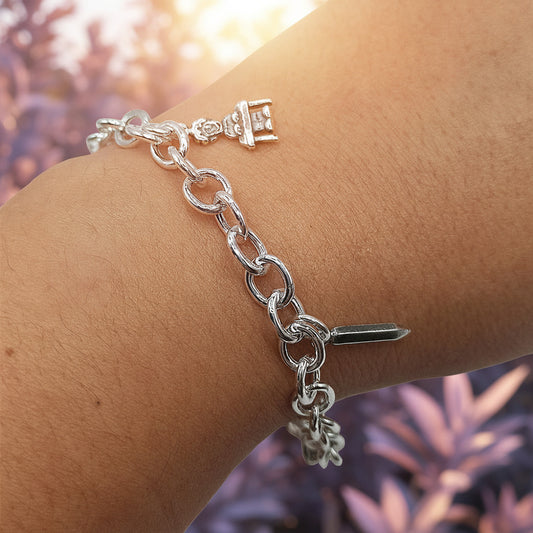 Pulsera "Vocación de Luz" – Plata de Ley con Charms de la Profesora (Cadena Rolo 19.5 cm)