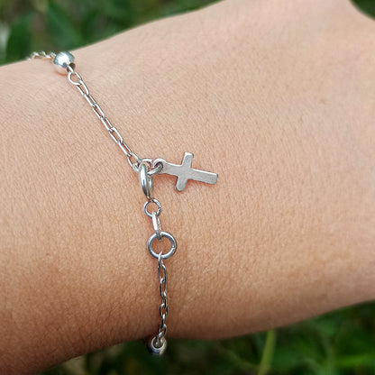 Pulsera de Bolitas y Cruz en Plata de Ley 925 - Protección y Guía Espiritual (18.5 cm)