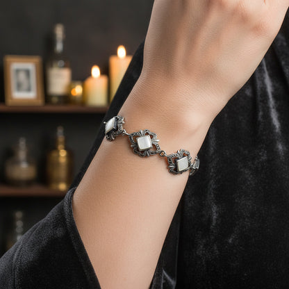 Pulsera de Eslabones Vintage en Plata de Ley 925 con Marquesitas y Nácar Natural - Joyería de Diseño Antiguo y Regalo Sofisticado