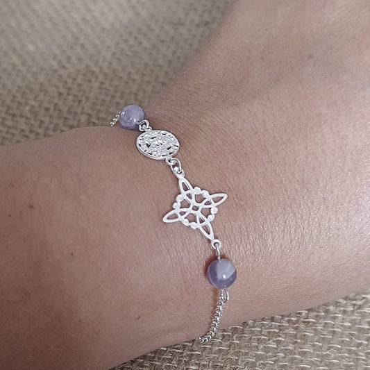 Pulsera de Plata de Ley 925 con Nudo de Bruja, Tetragramatón y Amatista — Protección y Armonía Espiritual