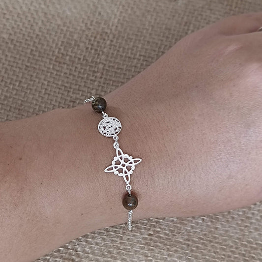 Pulsera de Plata de Ley 925 con Nudo de Bruja, Tetragramatón y Ojo de Tigre — Protección, Fuerza y Equilibrio