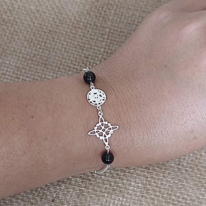 Pulsera de Plata de Ley 925 con Nudo de Bruja, Tetragramatón y Ónix — Protección y Poder Sagrado