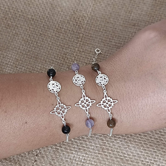 Pulsera de Plata de Ley 925 con Nudo de Bruja, Tetragramatón y Ónix — Protección y Poder Sagrado