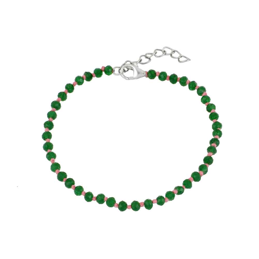 Pulsera Fina de Plata de Ley y Baño de Rodio con Cuentas de Ónix Verde (15 + 3 cm)