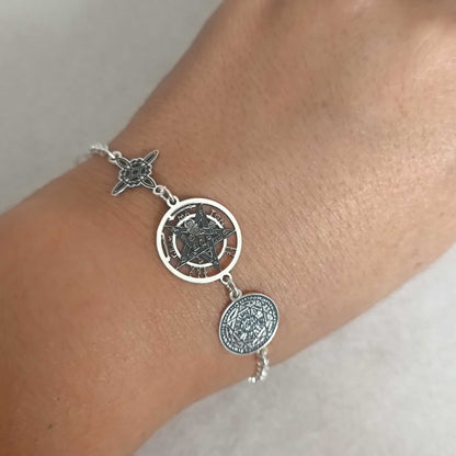 Pulsera de Plata de Ley 925 con Amuletos Sagrados - Nudo de Bruja, Tetragramatón y Siete Arcángeles