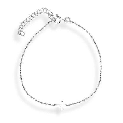 Tobillera Delicada de Plata de Ley 925 con Cruz Plana - Cadena Forzada (21 + 5 cm)