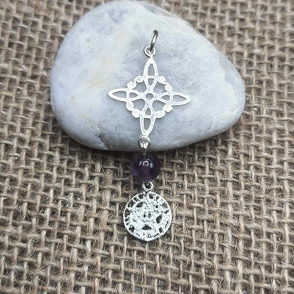 Colgante Triple Protección Espiritual (Plata de Ley) - Nudo de Bruja, Tetragramatón y Amatista
