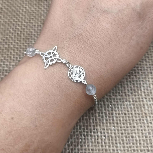 Pulsera de Triple Protección y Claridad (Plata de Ley 925) - Nudo de Bruja, Tetragramatón y Cuarzo Transparente (18.5 + 2.5 cm)