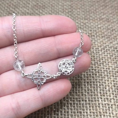 Pulsera de Triple Protección y Claridad (Plata de Ley 925) - Nudo de Bruja, Tetragramatón y Cuarzo Transparente (18.5 + 2.5 cm)