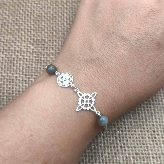 Pulsera de Triple Protección Mística (Plata de Ley 925) - Nudo de Bruja, Tetragramatón y Labradorita (18.5 + 2.5 cm)