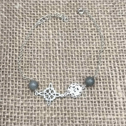 Pulsera de Triple Protección Mística (Plata de Ley 925) - Nudo de Bruja, Tetragramatón y Labradorita (18.5 + 2.5 cm)