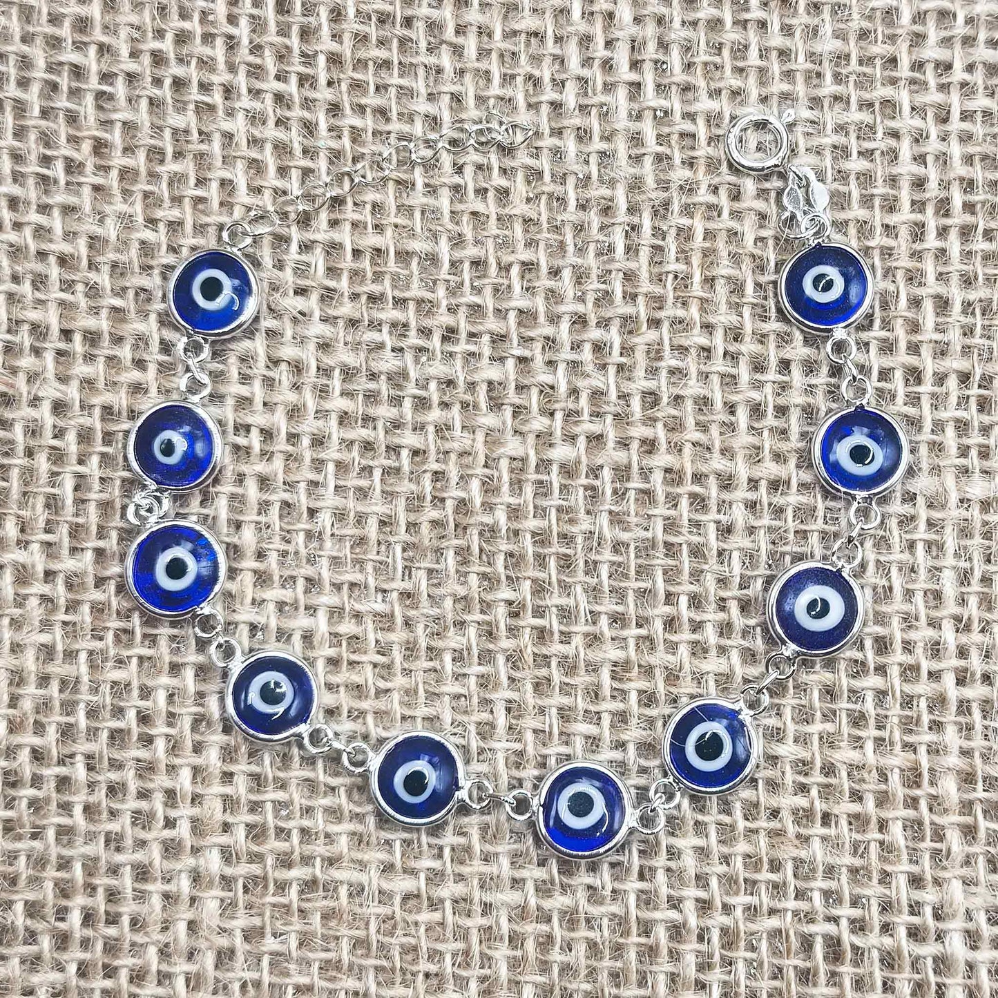 Pulsera de Ojos Turcos (Plata de Ley 925) - Amuleto de Protección Nazar contra el Mal de Ojo (16 + 3 cm)