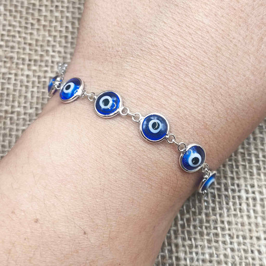 Pulsera de Ojos Turcos (Plata de Ley 925) - Amuleto de Protección Nazar contra el Mal de Ojo (16 + 3 cm)