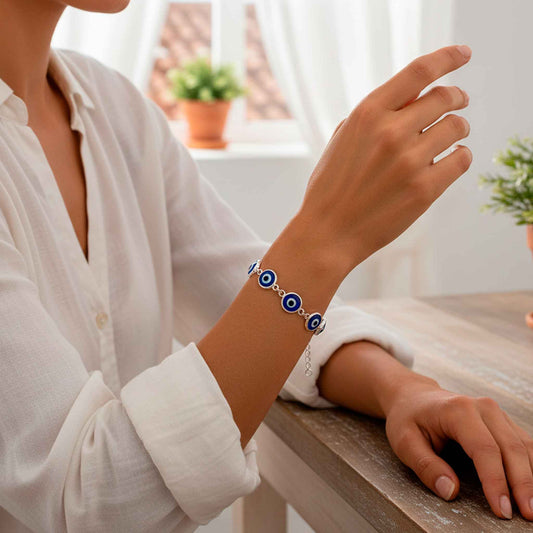 Pulsera de Ojos Turcos (Plata de Ley 925) - Amuleto de Protección Nazar contra el Mal de Ojo (16 + 3 cm)