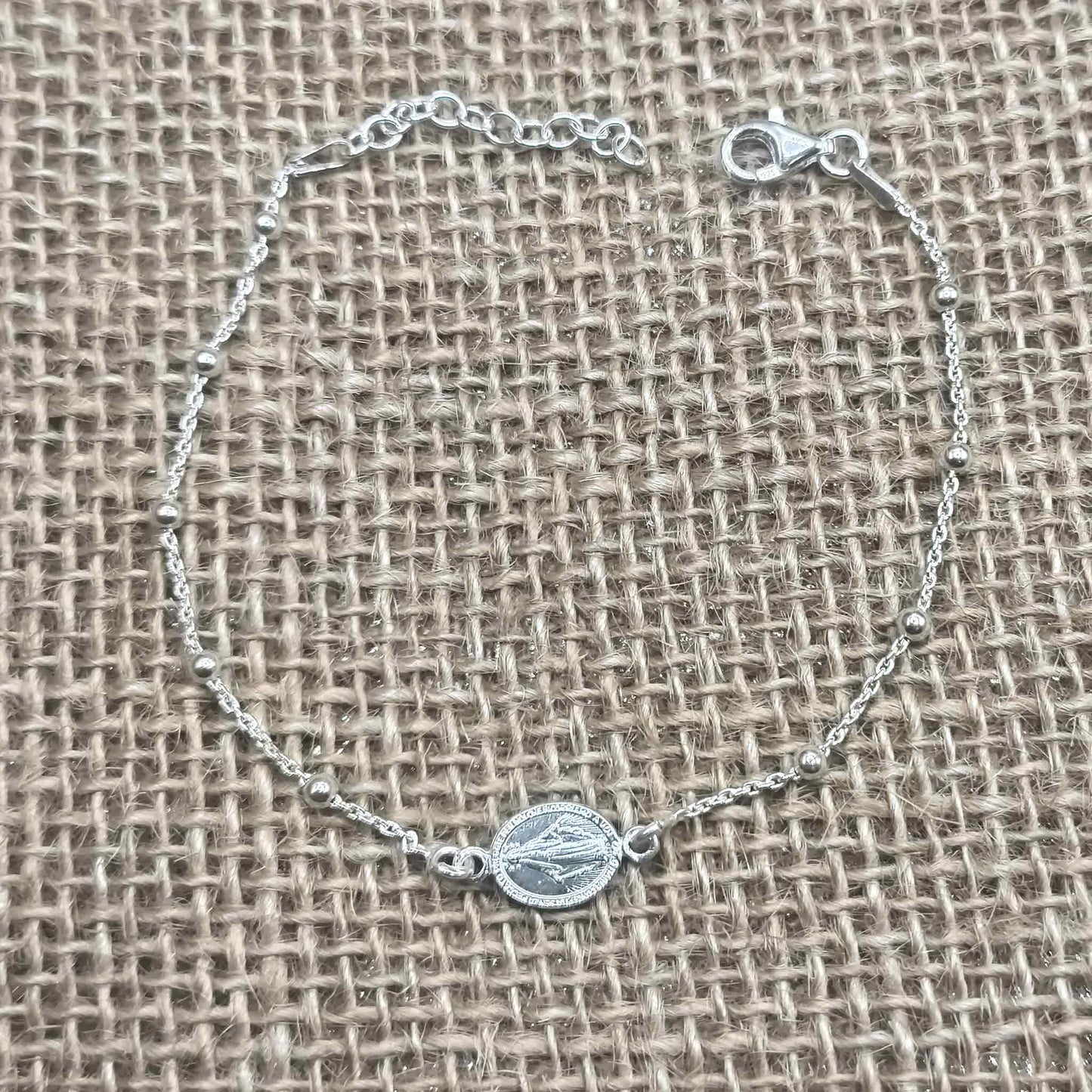 Pulsera Medalla Milagrosa (Plata de Ley 925) - Amuleto de Fe y Gracia con Bolitas y Cadena Forzada (16 + 3 cm)