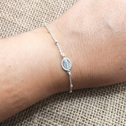 Pulsera Medalla Milagrosa (Plata de Ley 925) - Amuleto de Fe y Gracia con Bolitas y Cadena Forzada (16 + 3 cm)