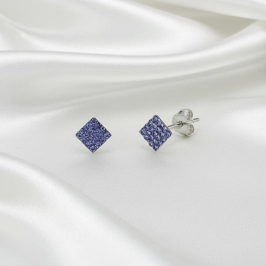 Pendientes de Rombo en Plata de Ley 925 y Cristal Malva - Joya de Botón Minimalista para Regalo Elegante