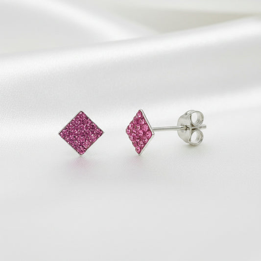 Pendientes de Rombo en Plata de Ley 925 y Cristal Rosa - Joya Brillante de Botón para Regalo Romántico