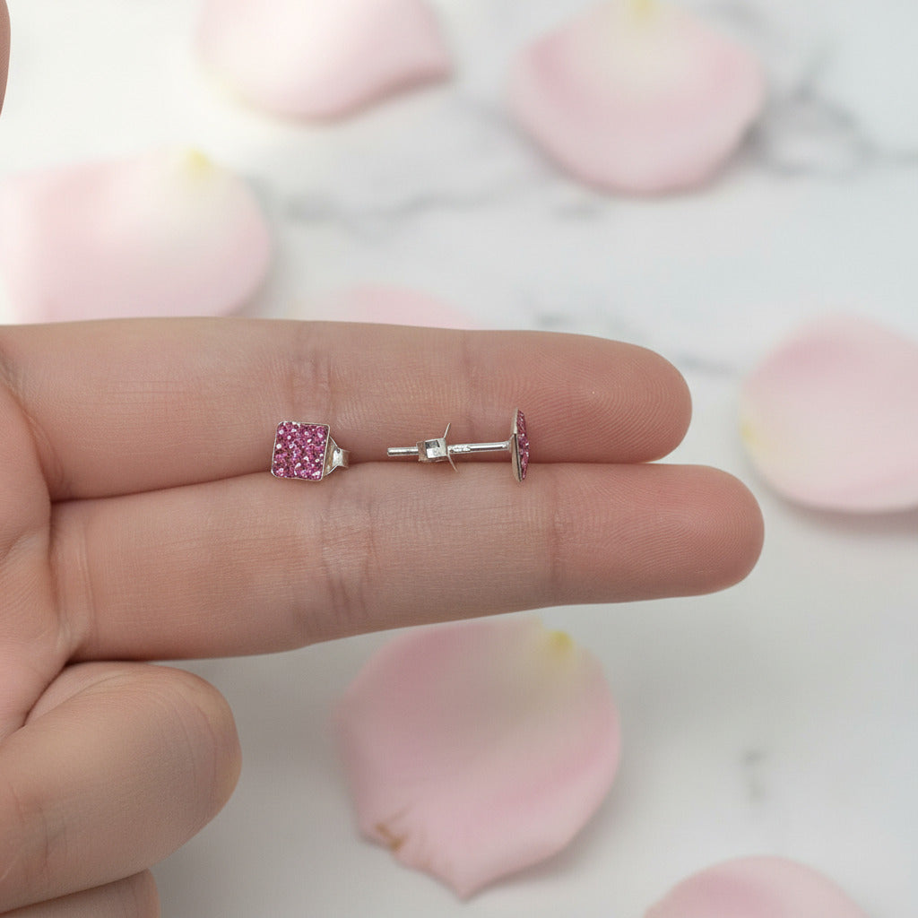 Pendientes de Rombo en Plata de Ley 925 y Cristal Rosa - Joya Brillante de Botón para Regalo Romántico