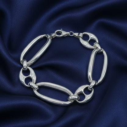Pulsera de Eslabones Ovalados y Calabrote de Plata de Ley 925 - Amuleto de Enraizamiento, Estabilidad y Regalo de Protección Mística
